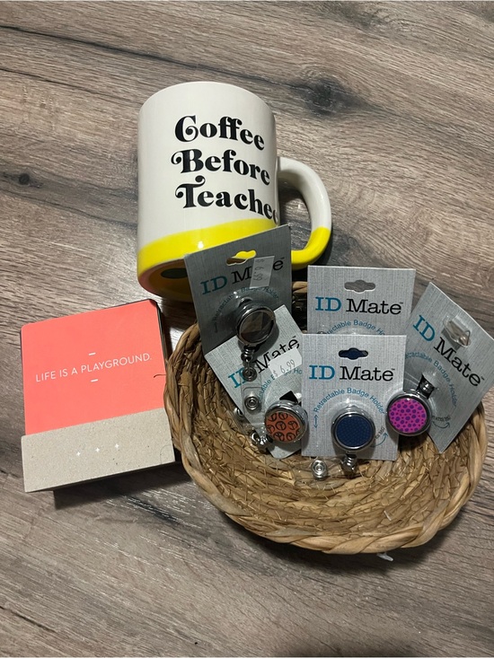ID Mate Other - Coffee Before Teachers White & Yellow Ceramic Mug with 5 NWT ID holders